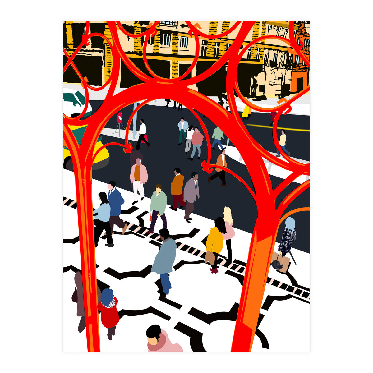 City Street, Eclectic Architecture Buildings Busy New York, People Work Office Daily Life Boho Contemporary Traffic Gifts (Print Only)