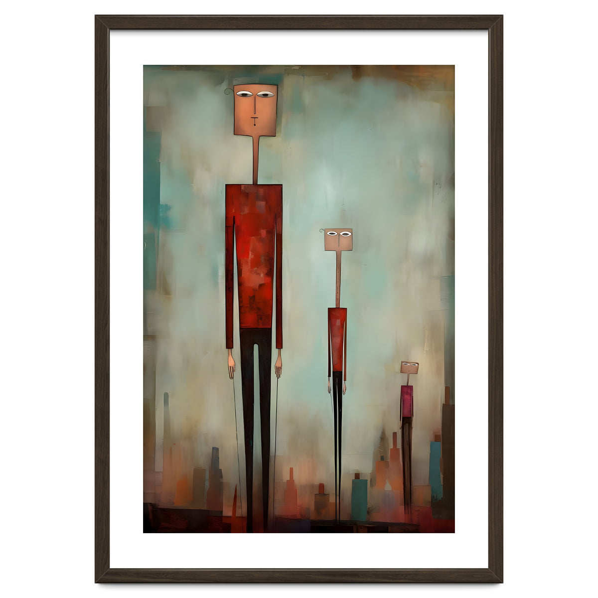 CITY HEIGHTS, three human-like forms of differing heights loom over the city below.