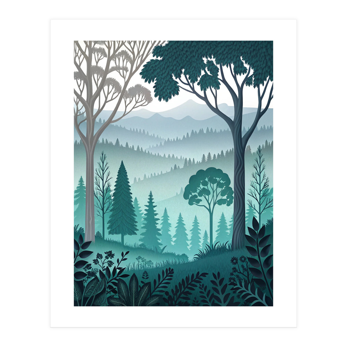 Vibrant Silhouettes in the Misty Teal Highlands (Print Only)