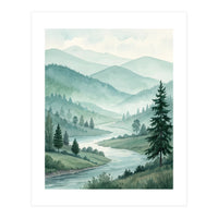Serene Misty Mountain Valley Watercolor Painting (Print Only)