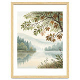 Tranquil Lakeside Forest Watercolor Painting with Overhanging Autumn Branches and Misty Mountain Reflection thumbnail