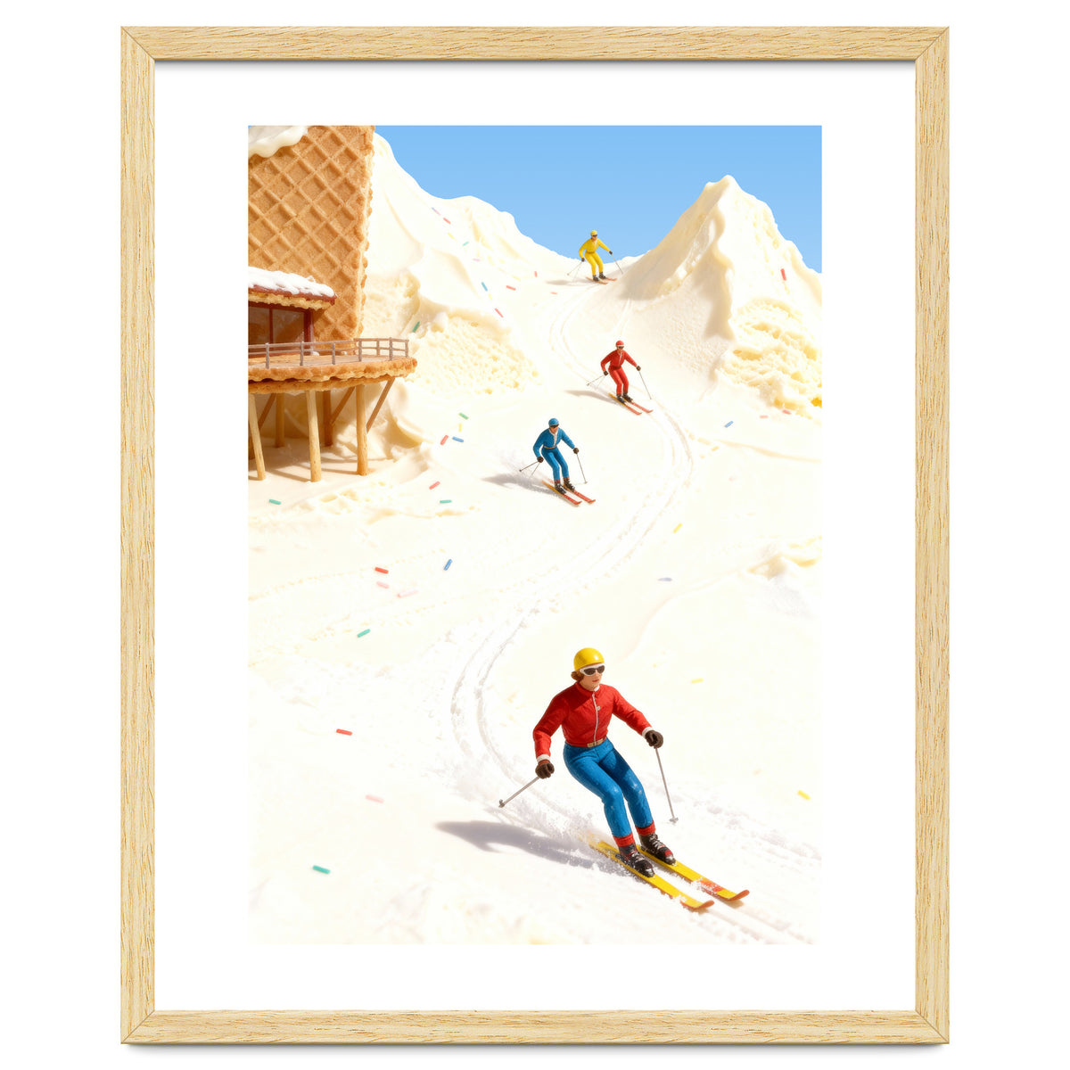 Skiing on Ice Cream Mountains, Miniature Skiers Winter Art Print for Kitchen Decor