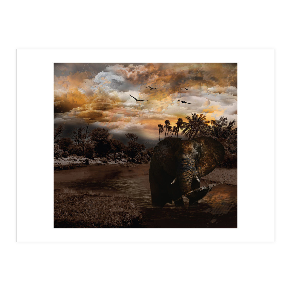 Elephant Scenic Golden Sunset African Wildlife Landscape (Print Only)