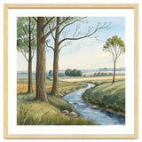 Pastoral Countryside Watercolor Painting with Winding Stream Meadows and Deciduous Trees Landscape thumbnail