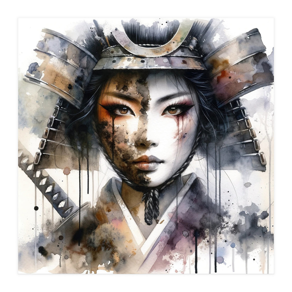 Ink Veil Asian Warrior Woman Portrait (Print Only)