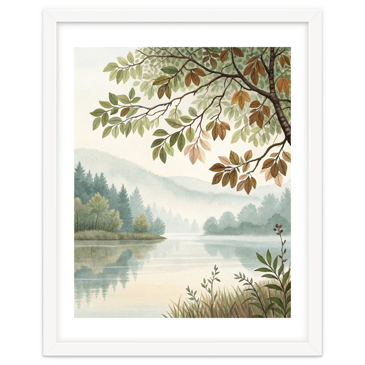 Tranquil Lakeside Forest Watercolor Painting with Overhanging Autumn Branches and Misty Mountain Reflection
