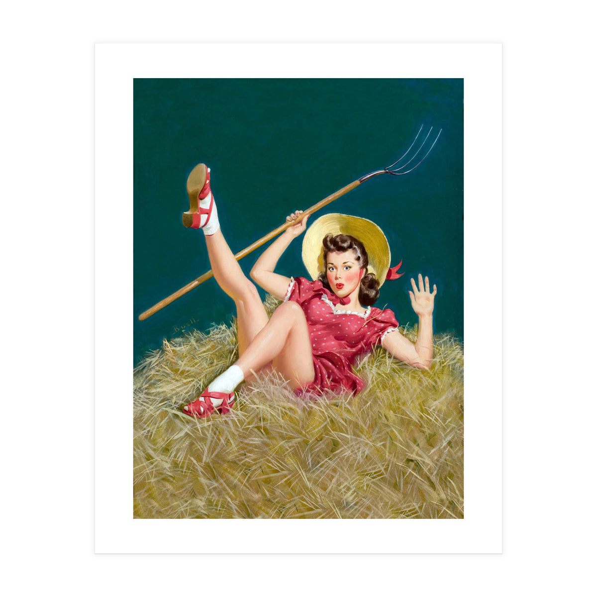 Pinup Sexy Girl Posing On A Hay With A Pitchfork (Print Only)