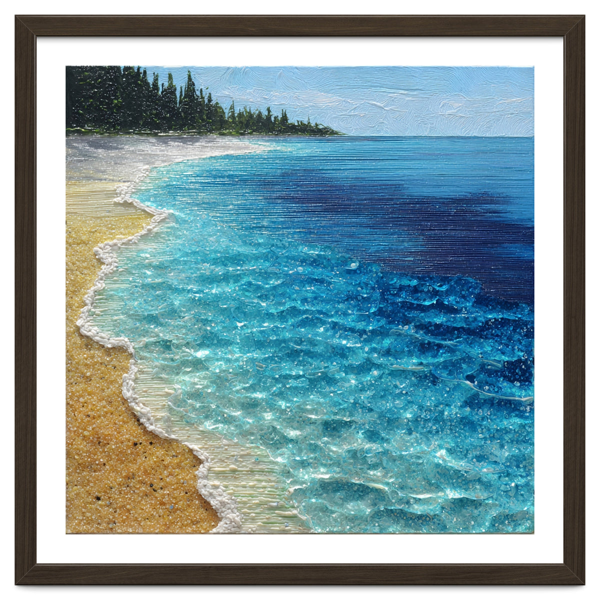 Sun-Drenched Coastal Shoreline with Textured Impasto Waves