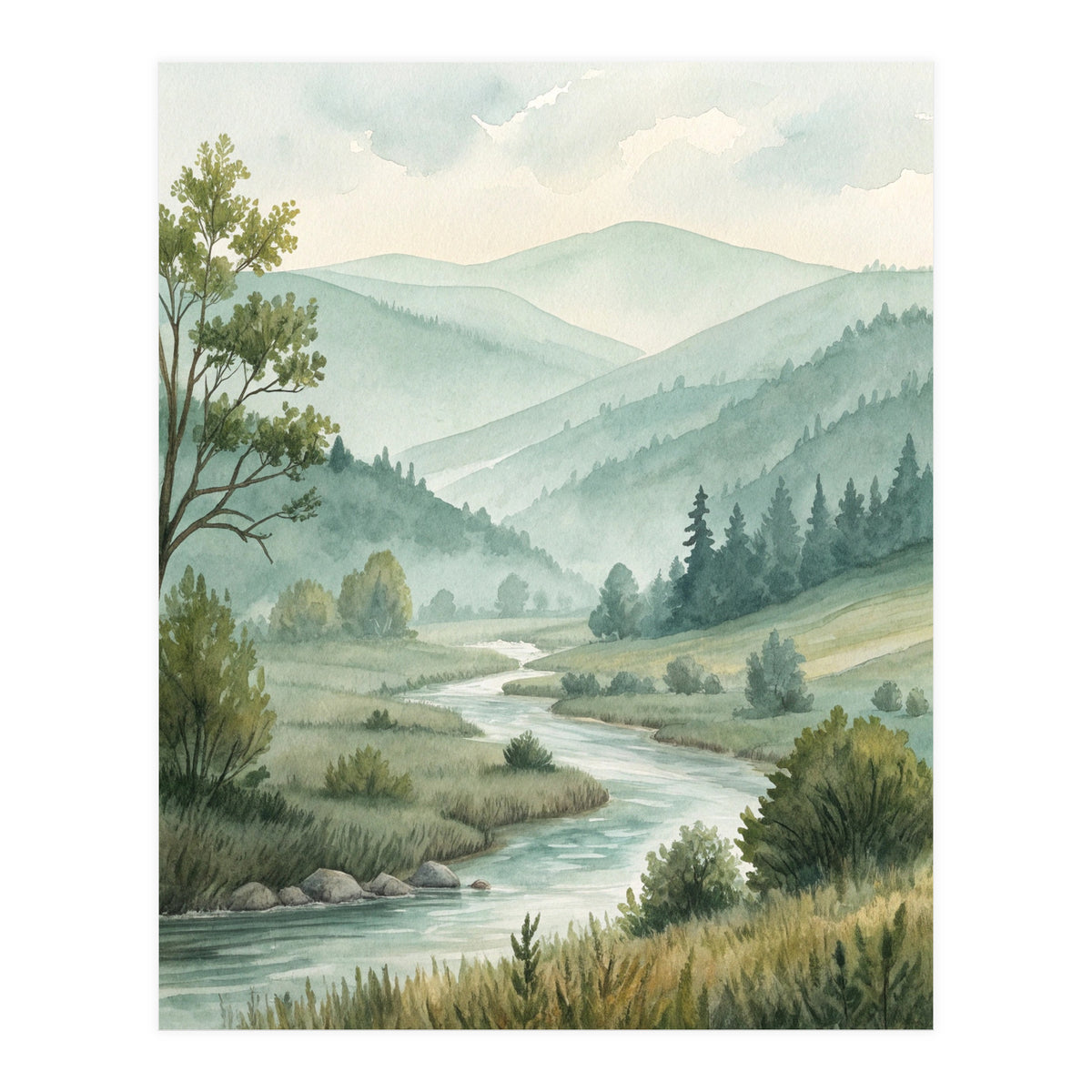 Serene River Valley in Soft Watercolor (Print Only)