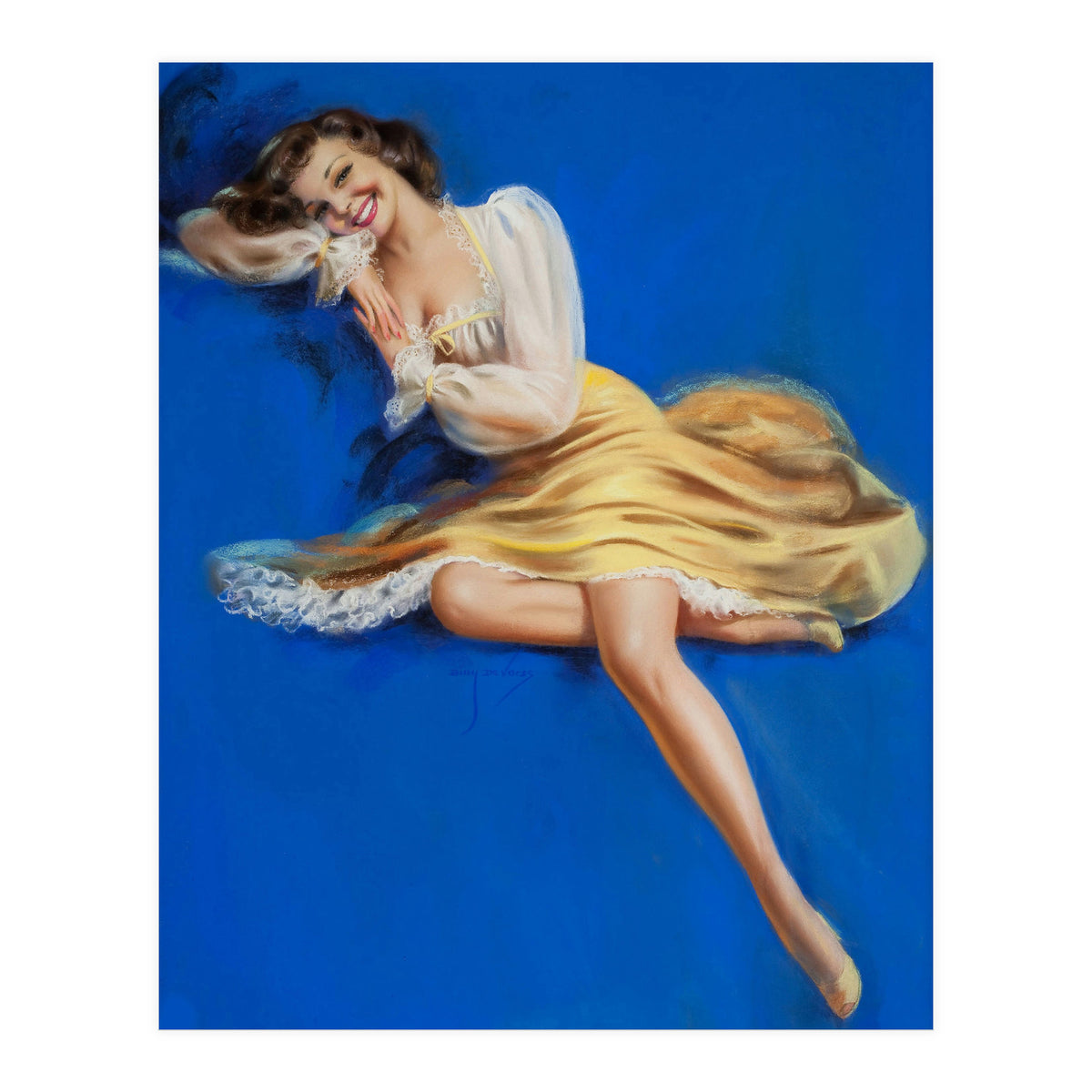 Pinup Girl Posing In Studio Over The Blue Background (Print Only)