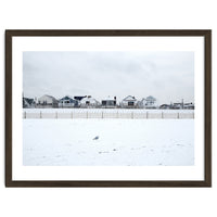 A seagull and snow covered houses