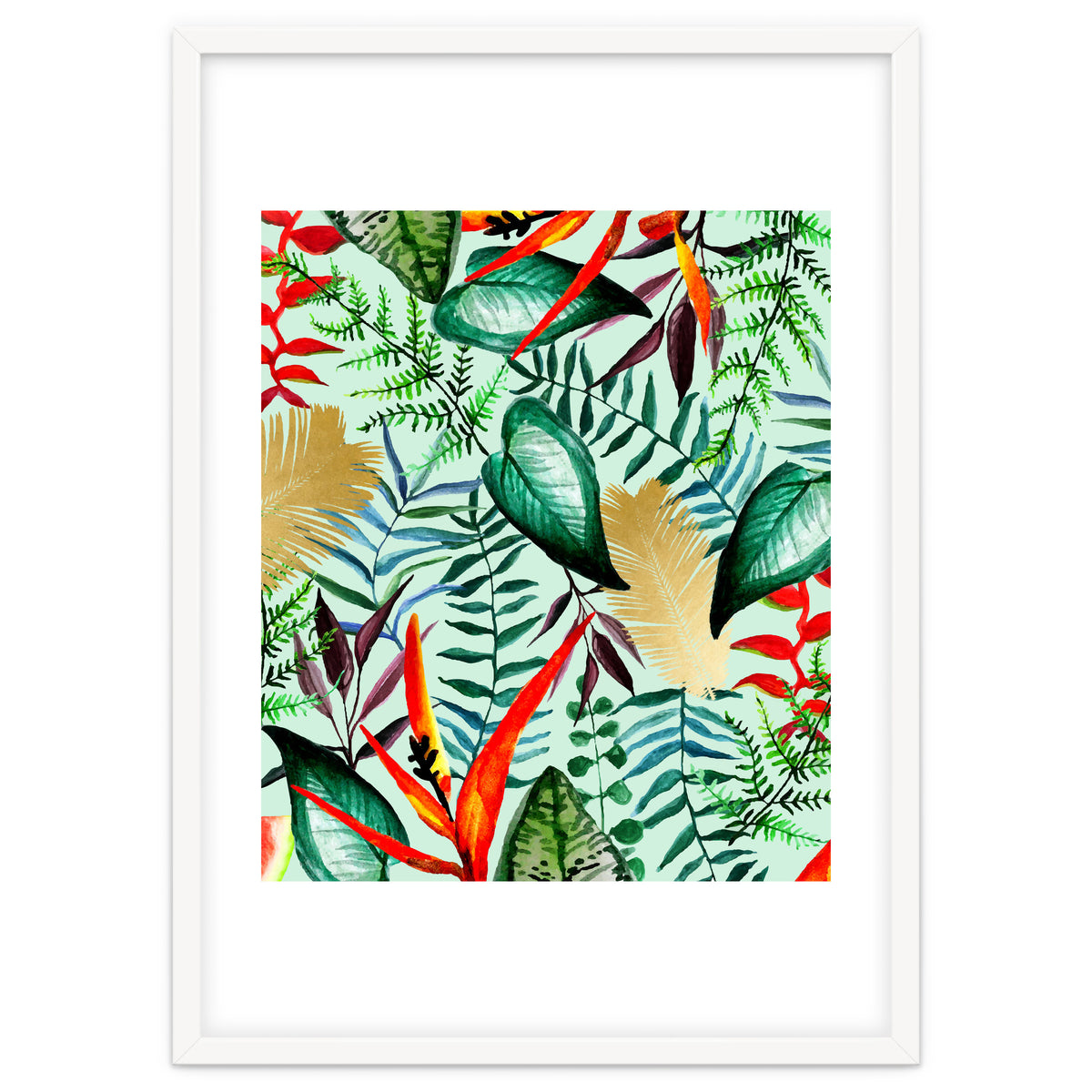 Paradise, Tropical Jungle Botanical Bohemian Illustration, Palm Bird of Paradise Gold Painting