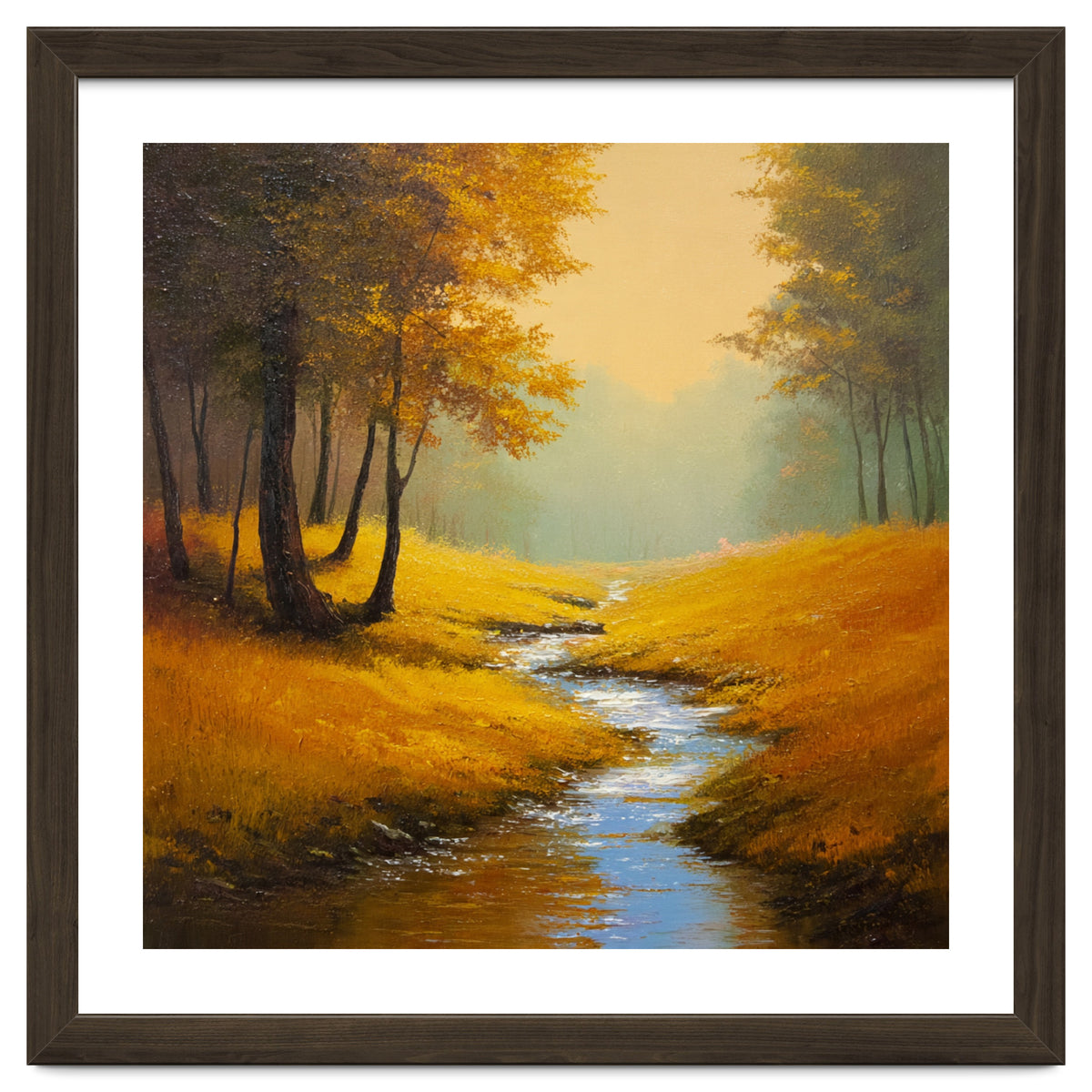 Golden Autumn Forest Path with Winding Creek