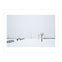 Snow-covered Basketball court and side bench (Print Only)