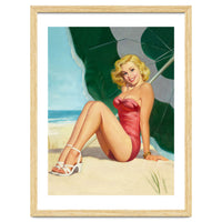 Sexy Pinup Girl On The Beach Under Big Sunshade