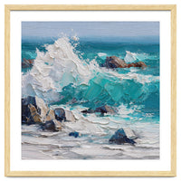 Dynamic Crashing Turquoise Ocean Wave Against Rugged Coastal Rocks