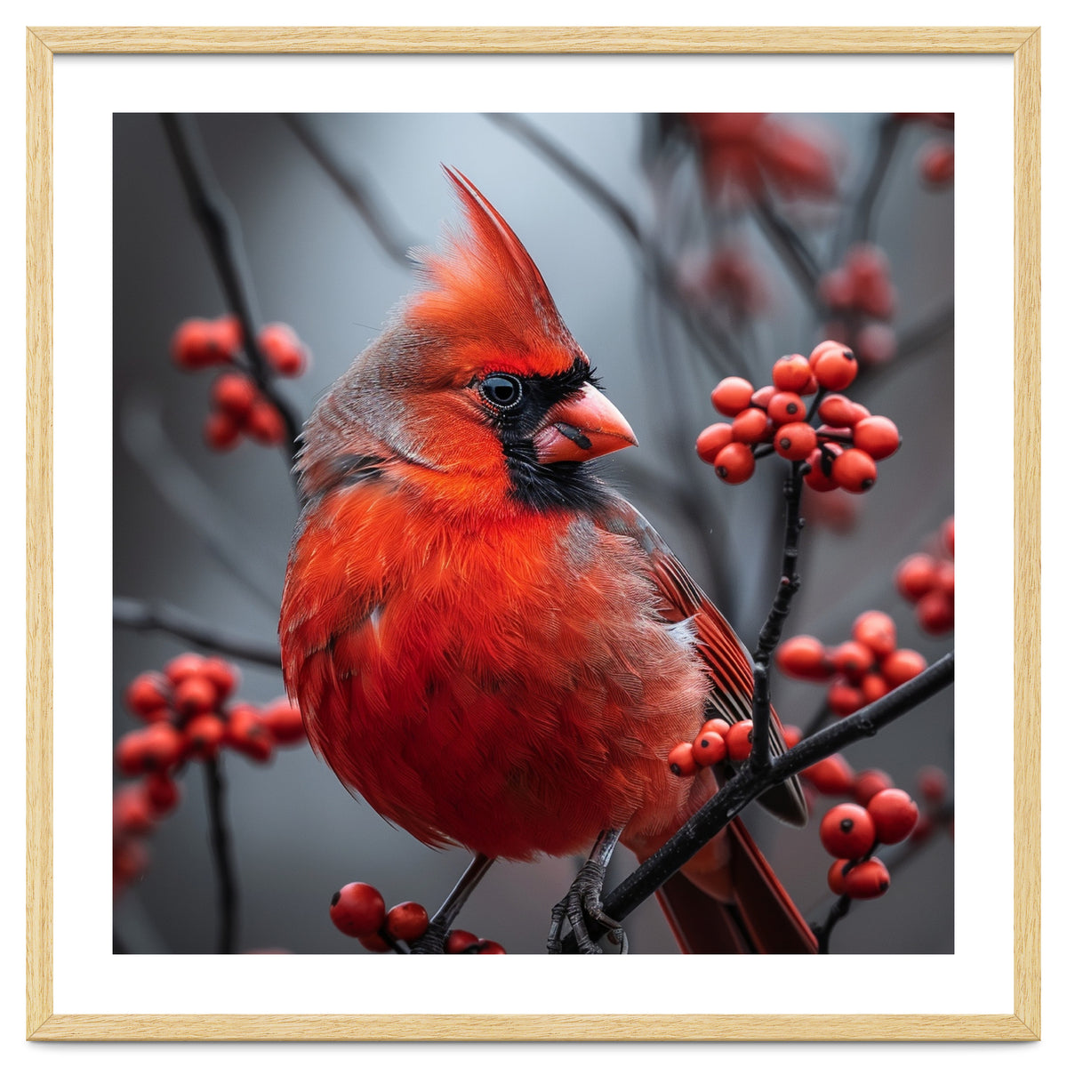 Northern Cardinal Bird Perched Among Red Berries