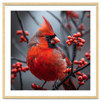 Northern Cardinal Bird Perched Among Red Berries