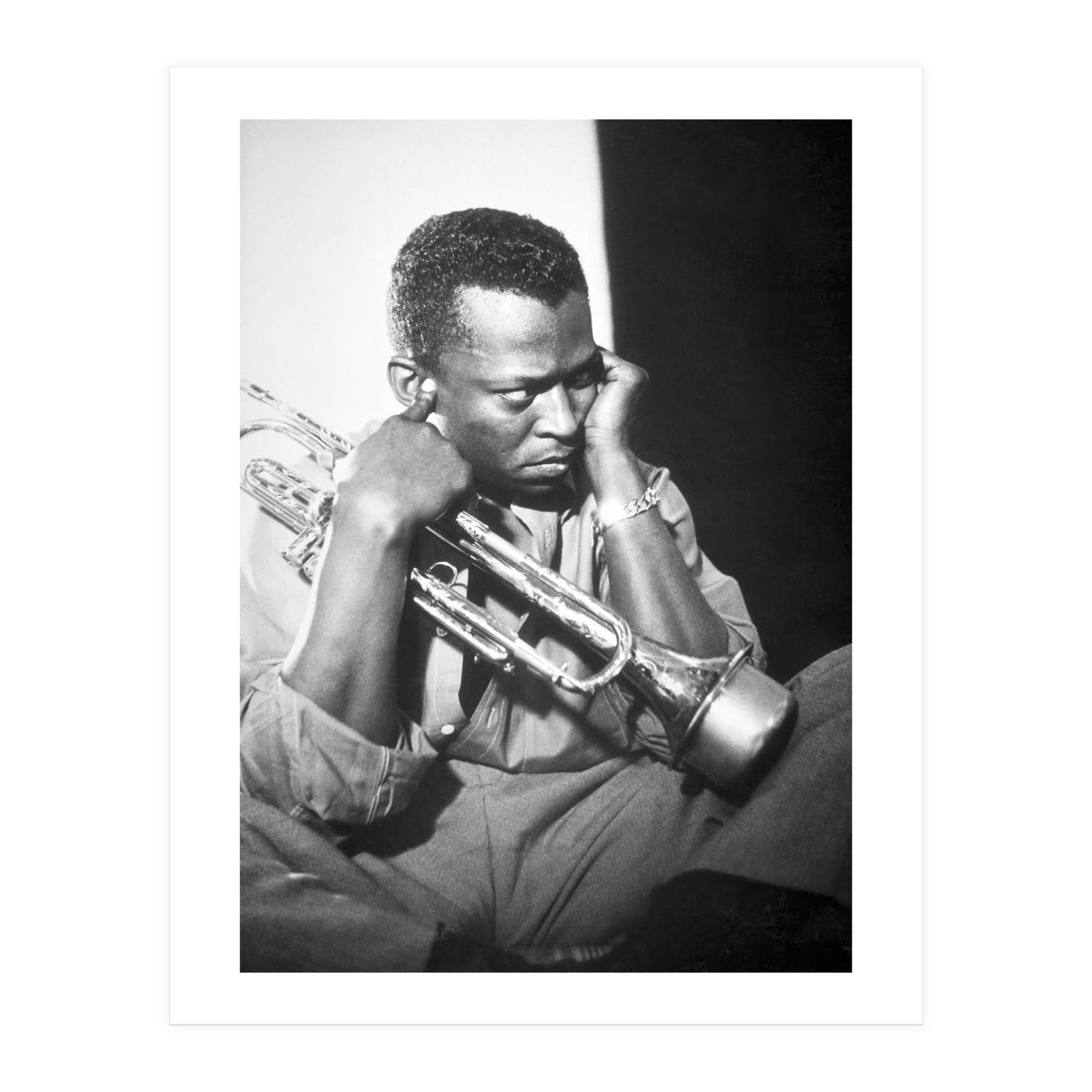 Jazz trumpeter Miles Davis early in his career playing in New York City, circa 1955. (Print Only)