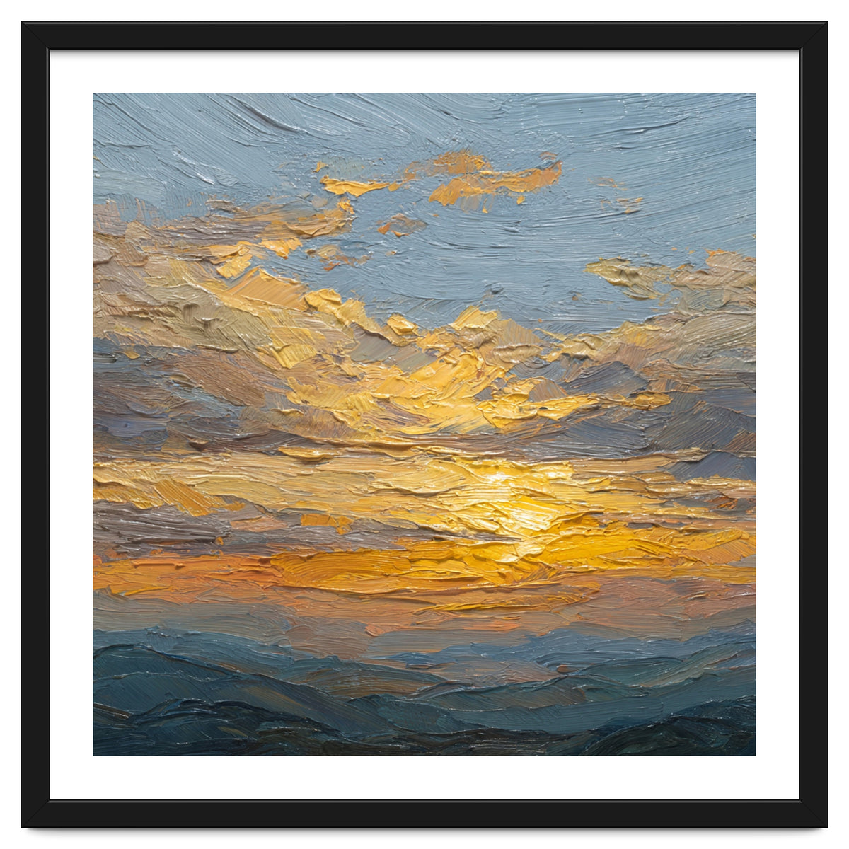 Atmospheric Golden Sunset Impasto Oil Painting Featuring Textured Clouds