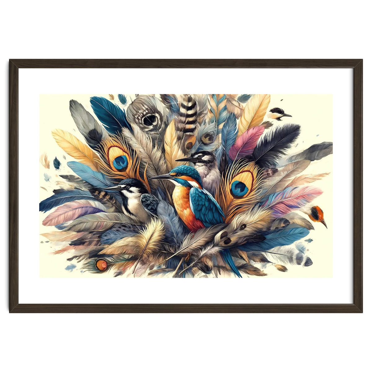 Kingfisher And Songbirds In Peacock Feathers