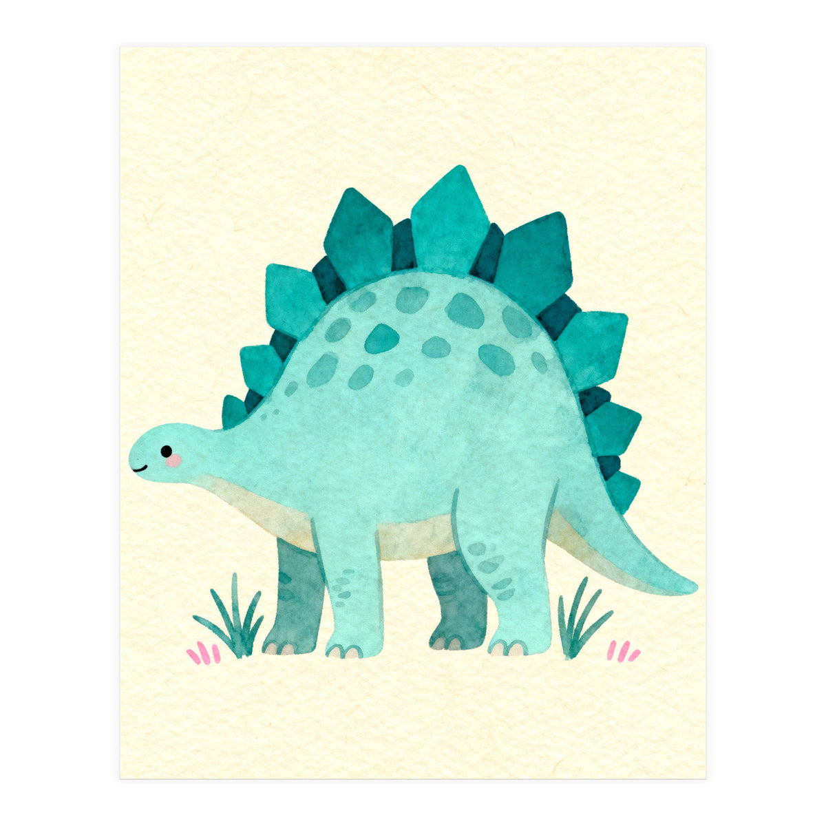 Teal Stegosaurus Watercolor Art, Cute Dinosaur Nursery Print, Whimsical Dino Illustration (Print Only)