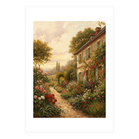 Idyllic Sunlit Cottage Garden Oil Painting (Print Only)
