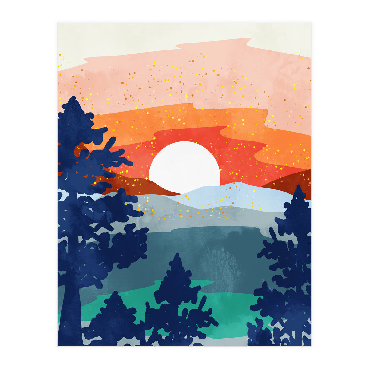 A Magical Sunset, Landscape Nature Illustration, Minimal Bohemian Painting, Mountains Adventure Travel (Print Only)