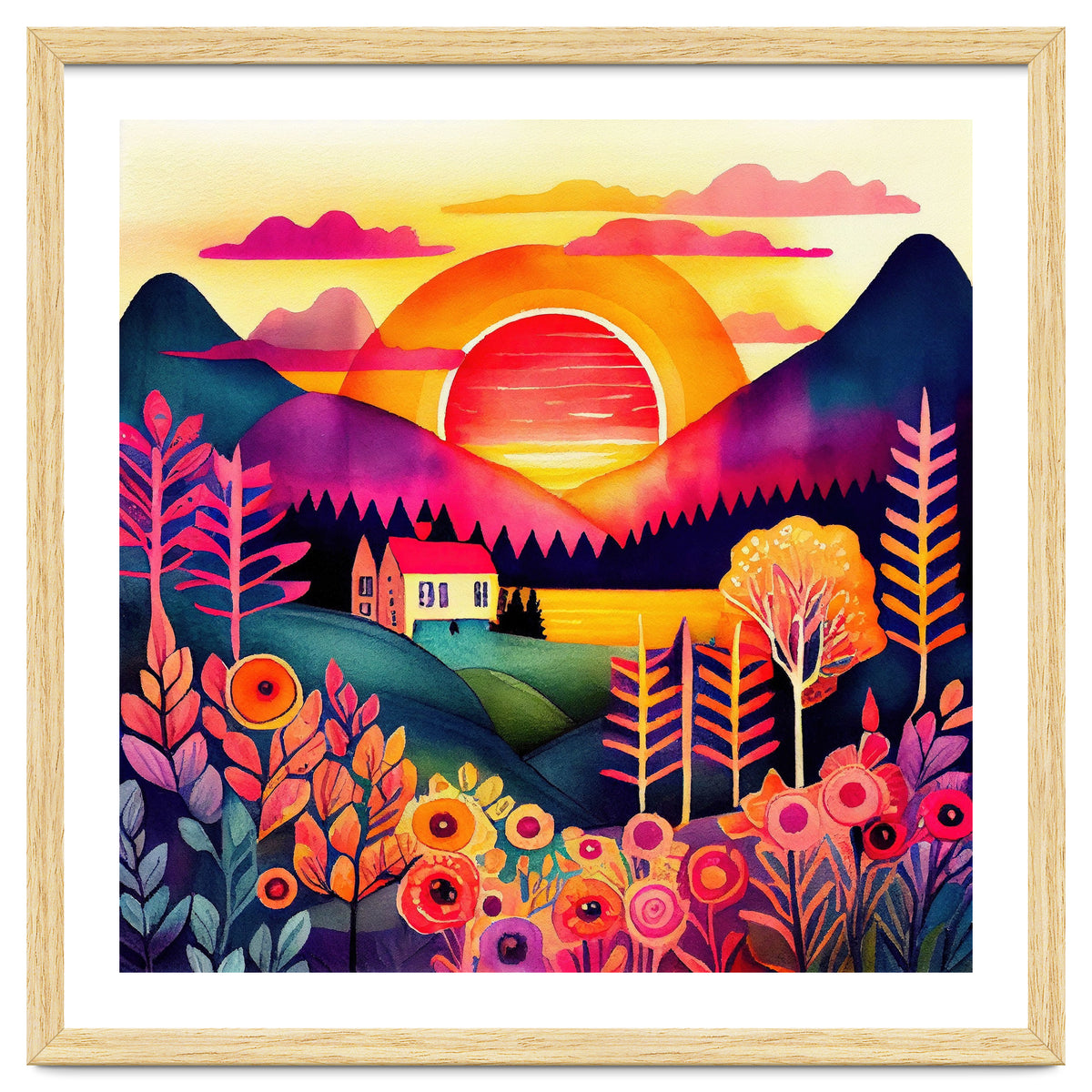 Folk Sunset Over Mountain Lake