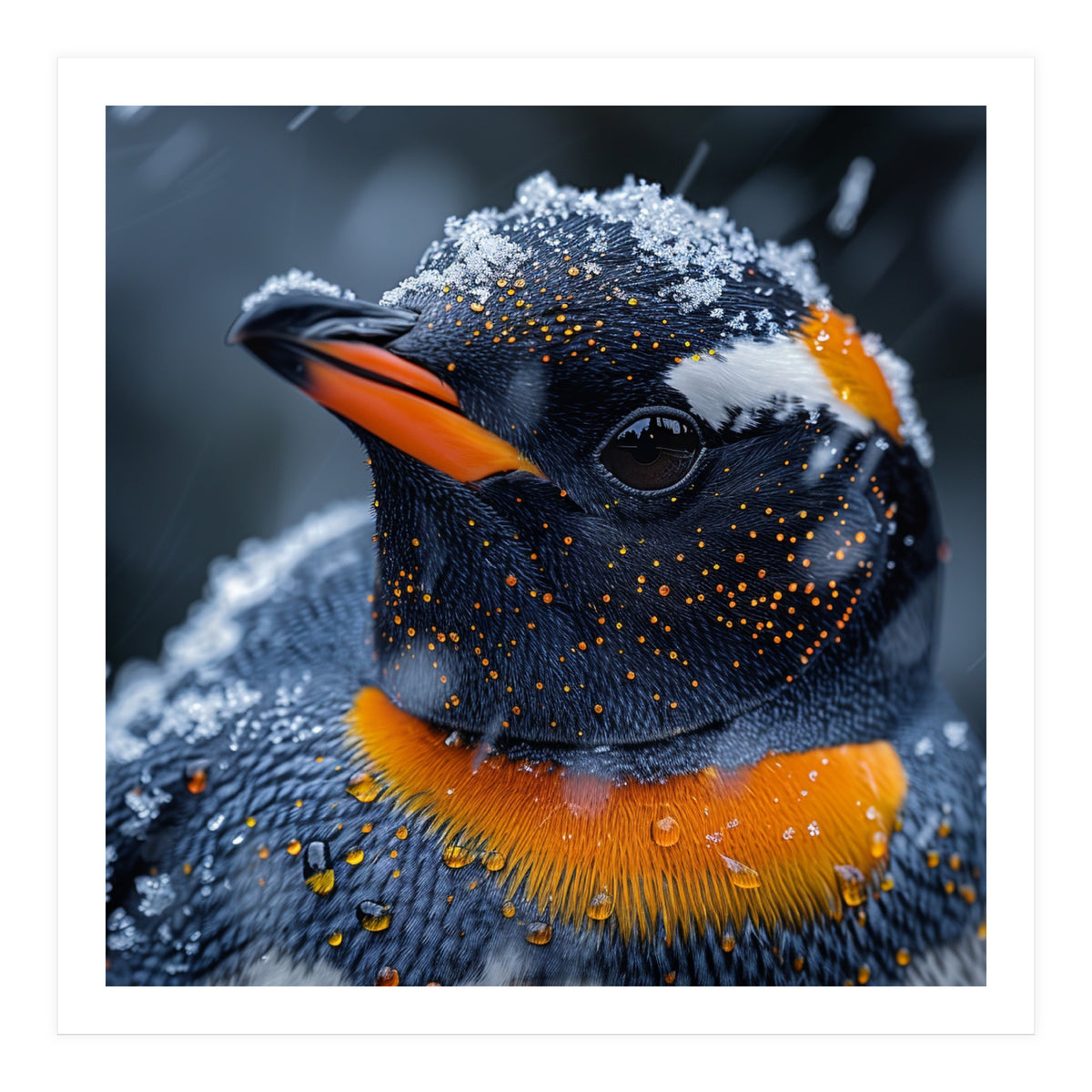 Close Up Penguin In Snow With Water Droplets (Print Only)