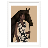 Woman In Bold Print With Black Horse