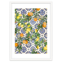 Blue Mediterranean tiles, lemons and oranges fruit