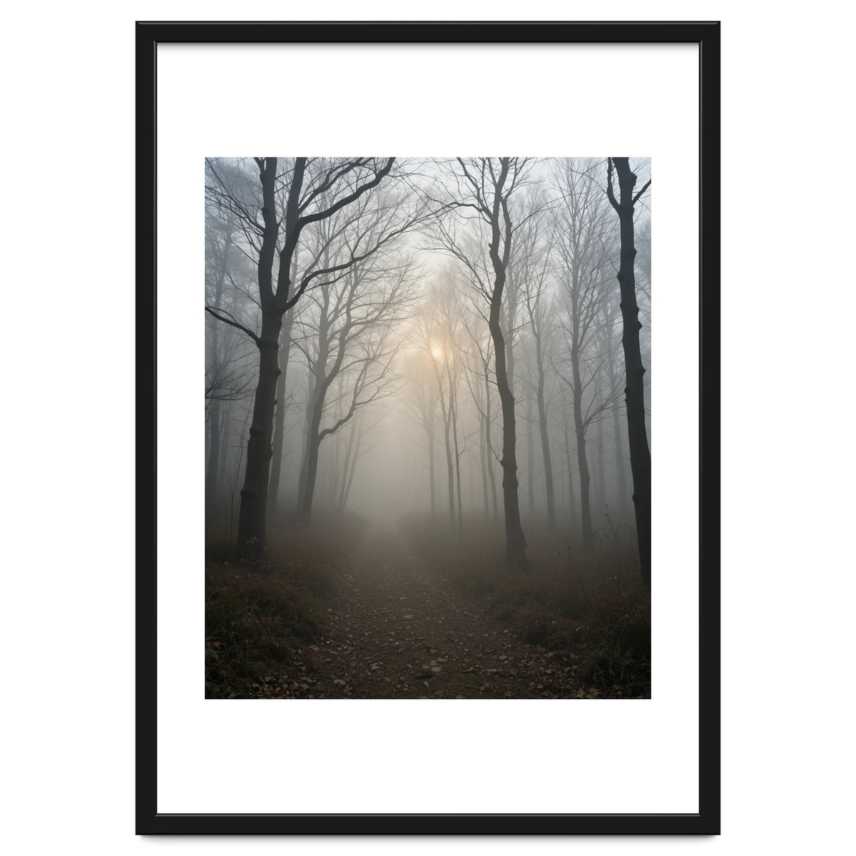 Ethereal Morning Light Breaking Through Dense Forest Fog
