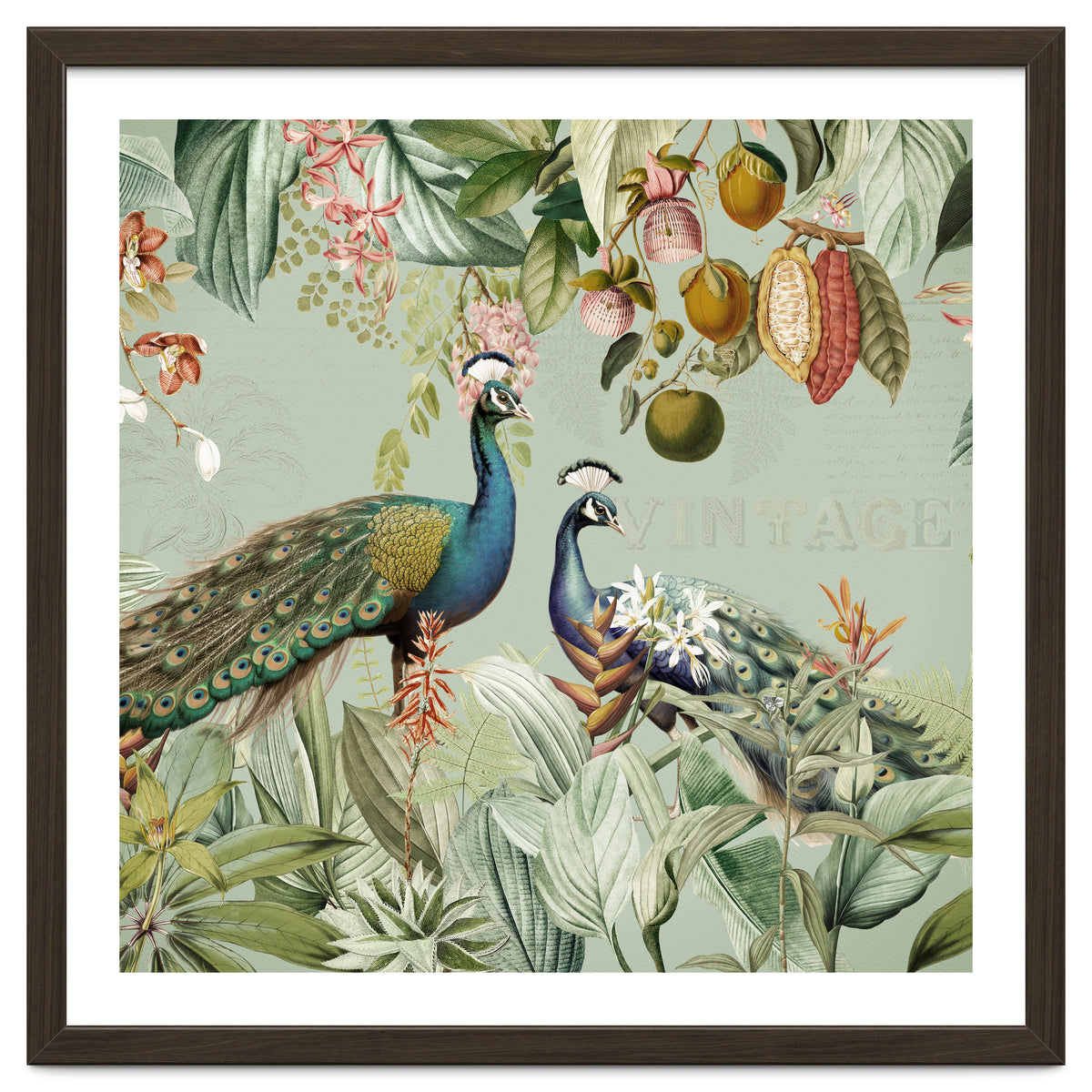 Vintage Exotic Asian Peacocks In Tropical Jungle Landscape
