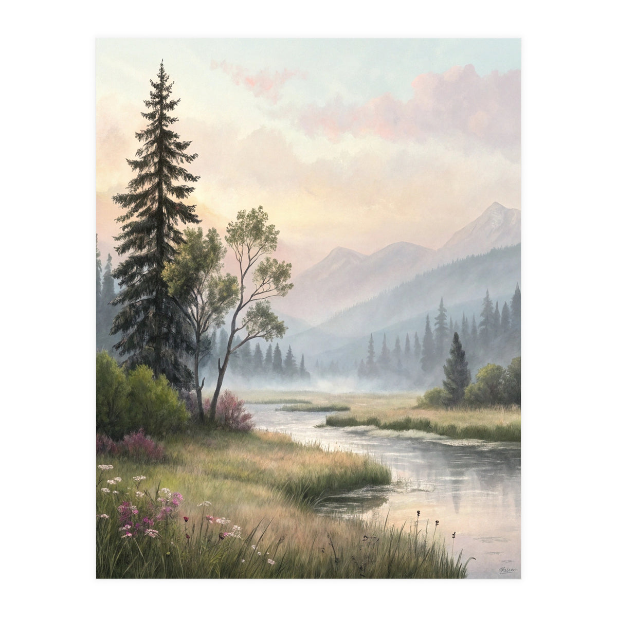 Dreamy Alpine Valley Landscape Painting (Print Only)