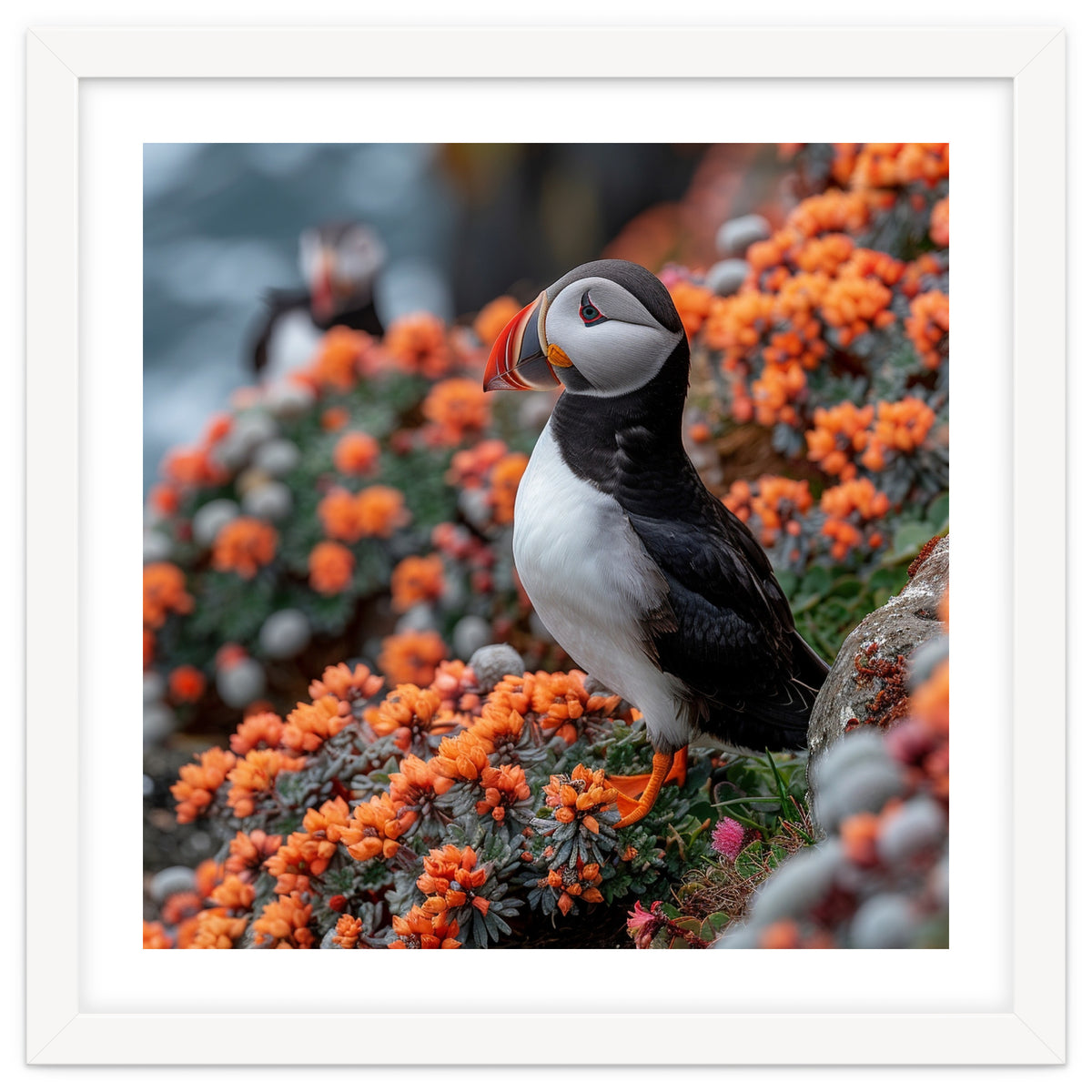 Atlantic Puffin Bird Perched On Orange Flowers