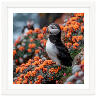 Atlantic Puffin Bird Perched On Orange Flowers