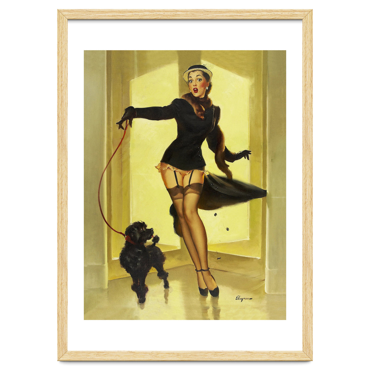 Pinup Girl In Black Dress On A Hall Experiencing Sudden Wind