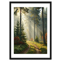 The Golden Path: Ethereal Sunbeams Piercing Through a Misty Evergreen Forest at Dawn