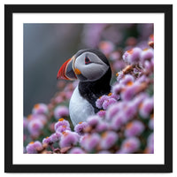 Atlantic Puffin Amidst Pink Heather Flowers