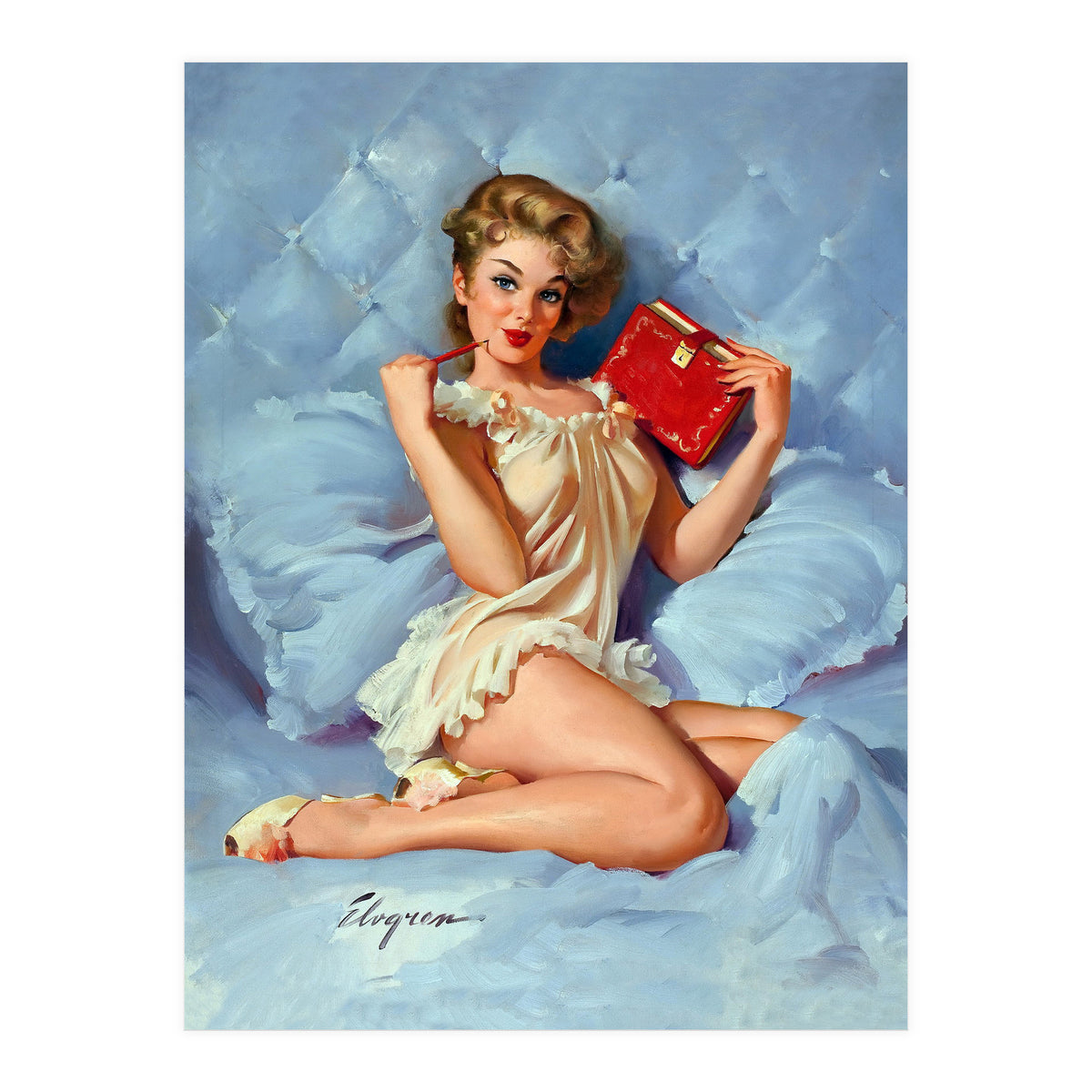 Pinup Sexy Girl Posing With Her Red Book (Print Only)