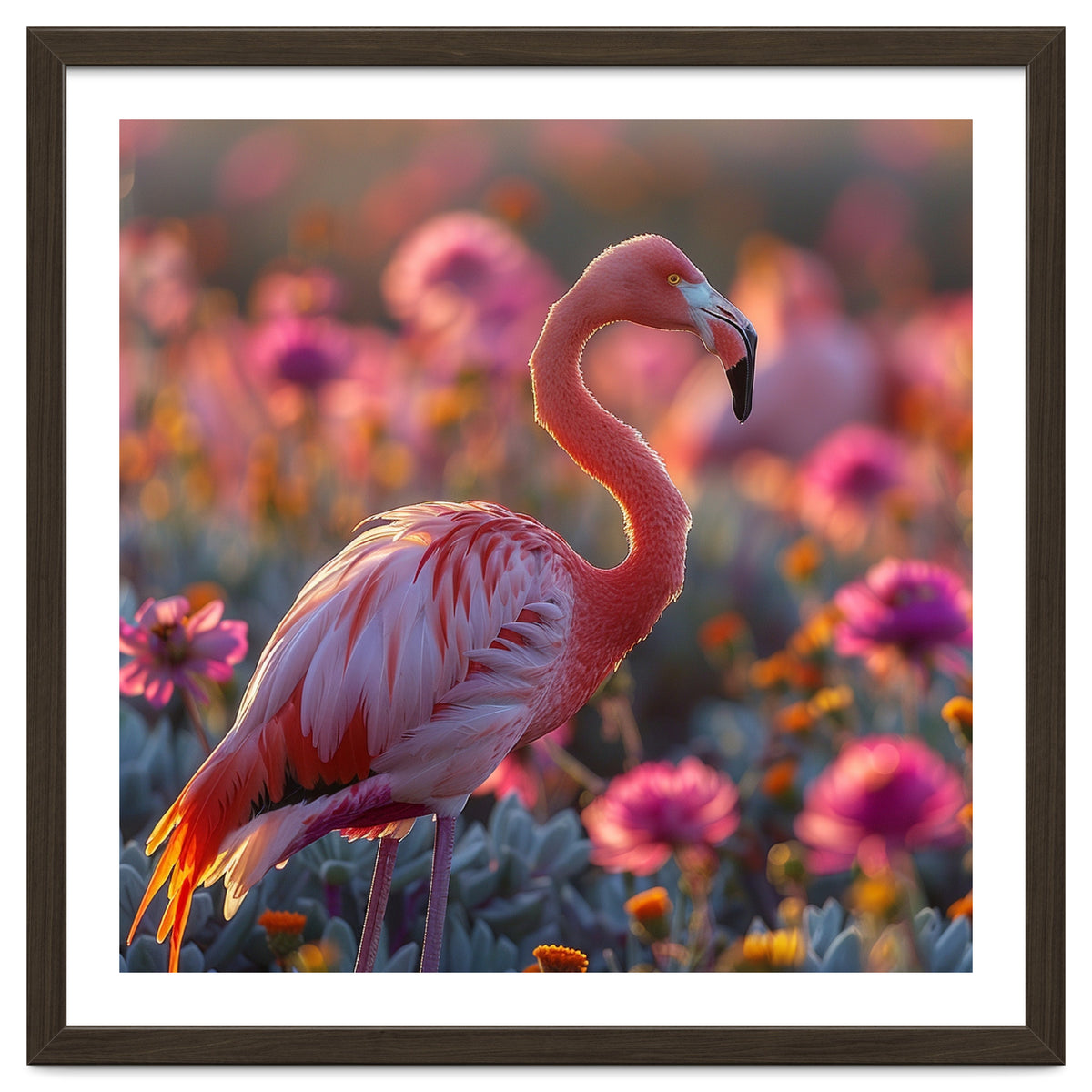 Pink Flamingo Standing In A Field Of Flowers