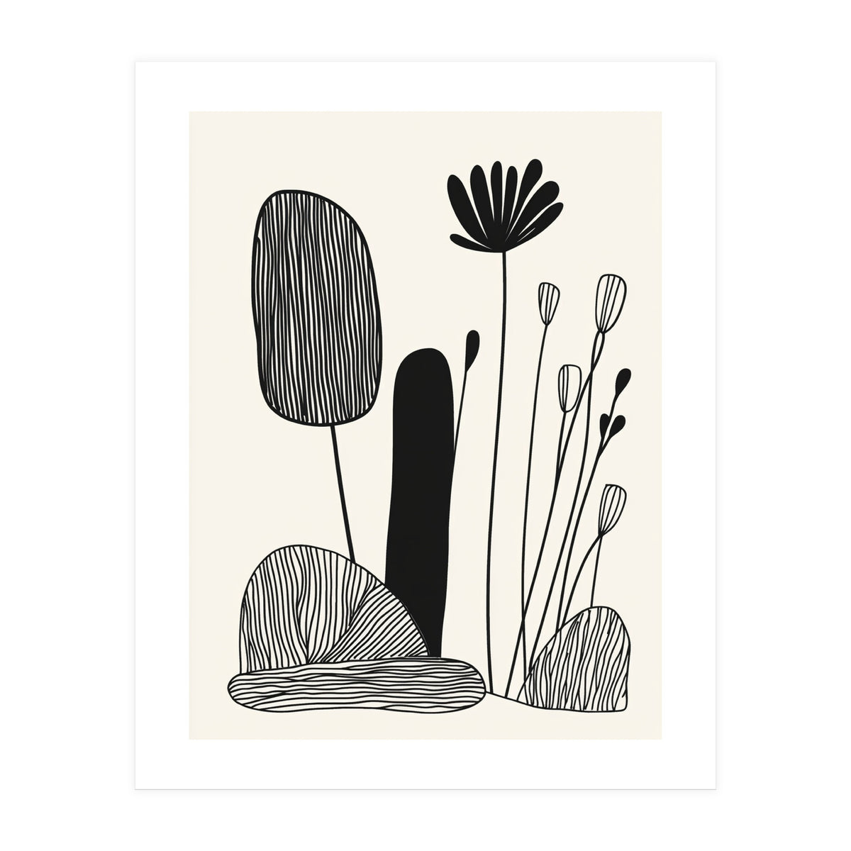 Abstract Black And White Botanical Illustration With Organic Shapes (Print Only)