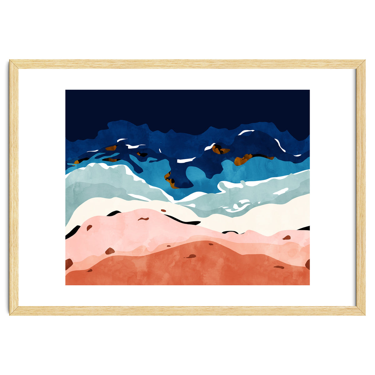 Ocean Heart, Abstract Sea Waves, Tropical Travel Watercolor Painting, Eclectic Bohemian Beach Nature