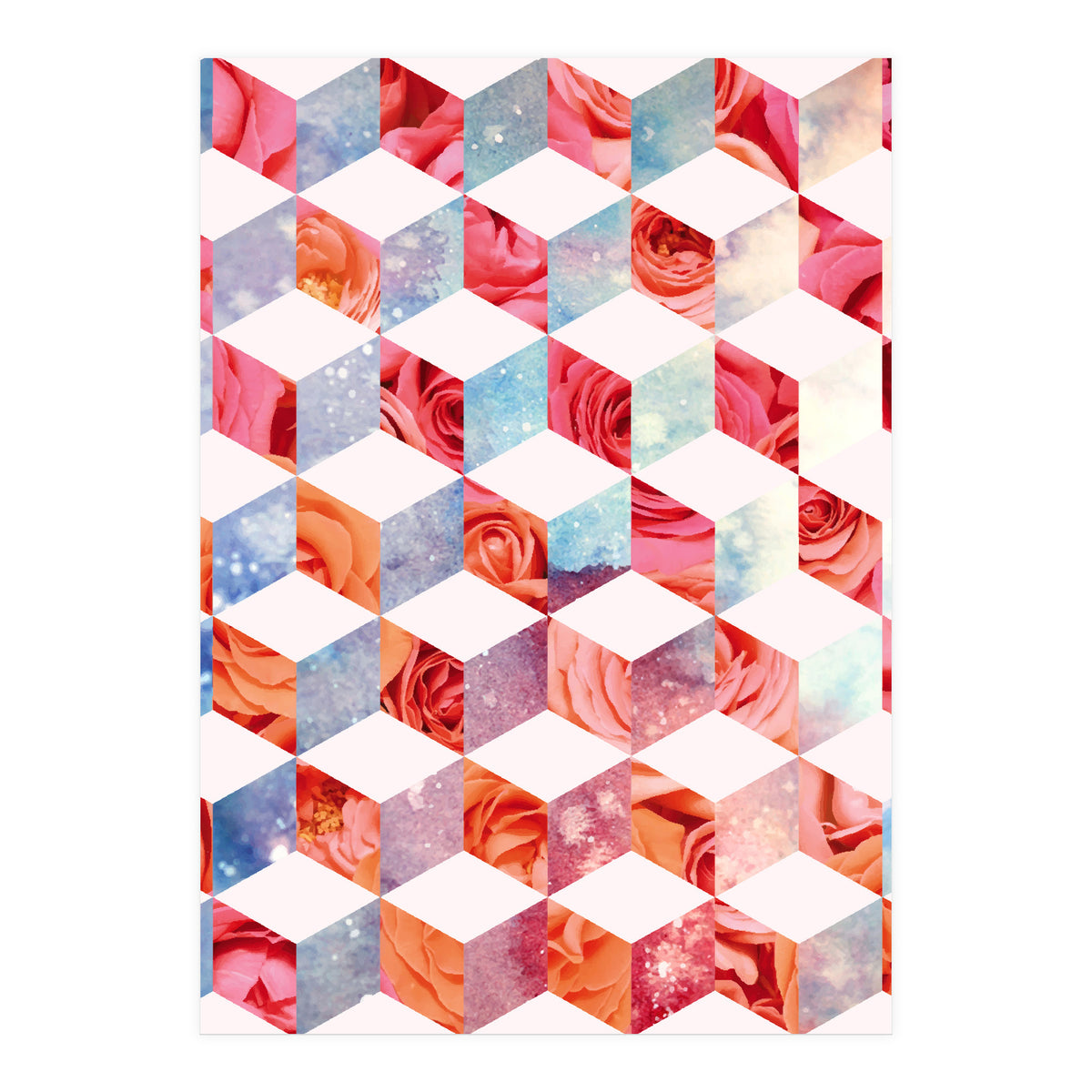 Eve's Sweet Garden of Roses, Geometrical Eclectic Shapes Digital Collage, Surrealism Floral illusion (Print Only)