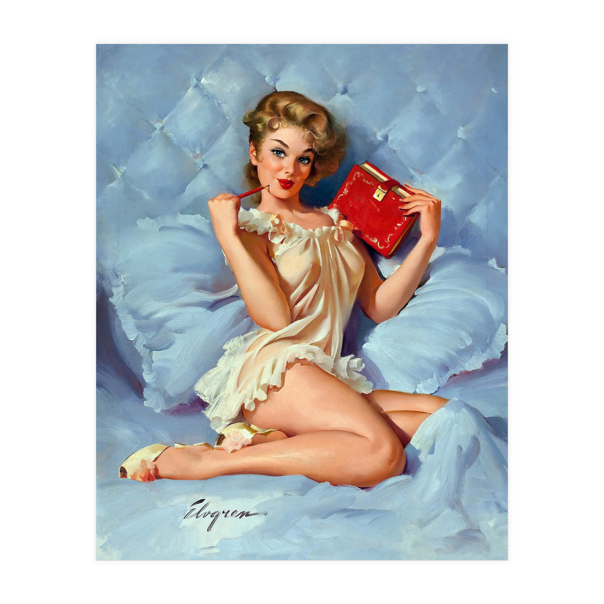 Pinup Sexy Girl Posing With Her Red Book (Print Only)