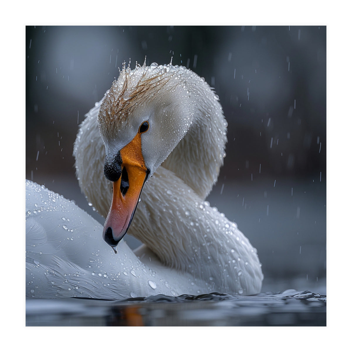 White Swan Bird With Water Droplets In Rain (Print Only)