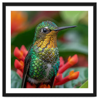 Close Up Of A Hummingbird On Red Flowers
