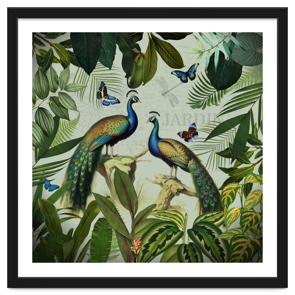 Vintage Exotic Asian Peacocks In Tropical Jungle Landscape