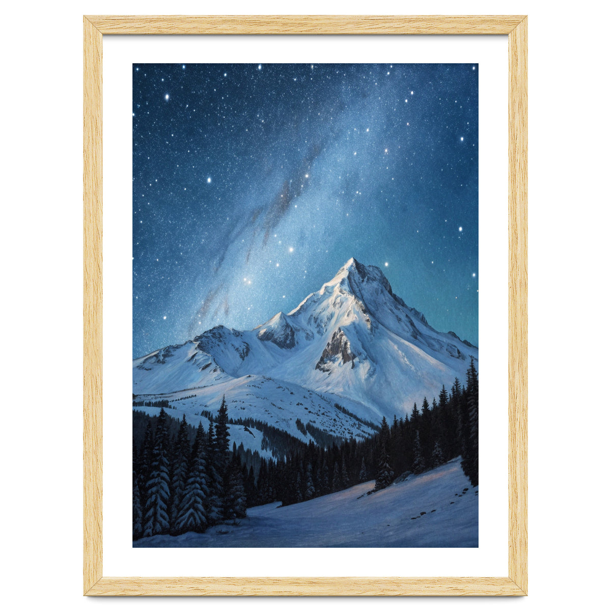 Majestic Snow-Capped Mountain Peak Under a Brilliant Starry Night Sky